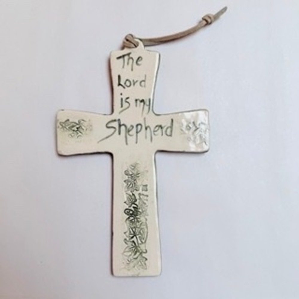 MDE 2001 The Lord is my Shepherd Ceramic Wall Cross Ivy Leaf Decor 9 Inch Gift